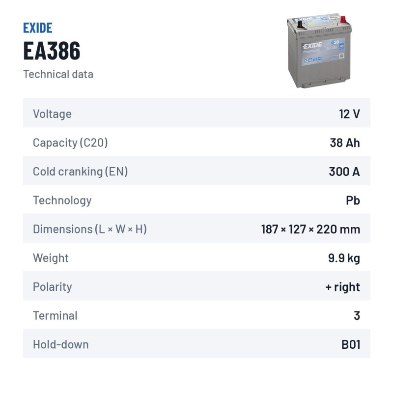 Batterie voiture Exide EA386 12V 38Ah 300A – fiche technique