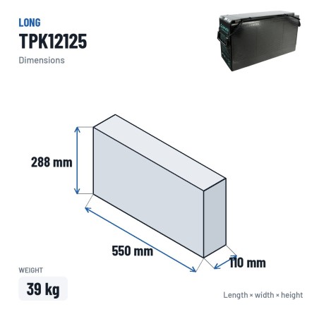 Telekom-Batterie Long TPK12125 12V 125Ah AGM – Abmessungen 550 × 110 × 288 mm