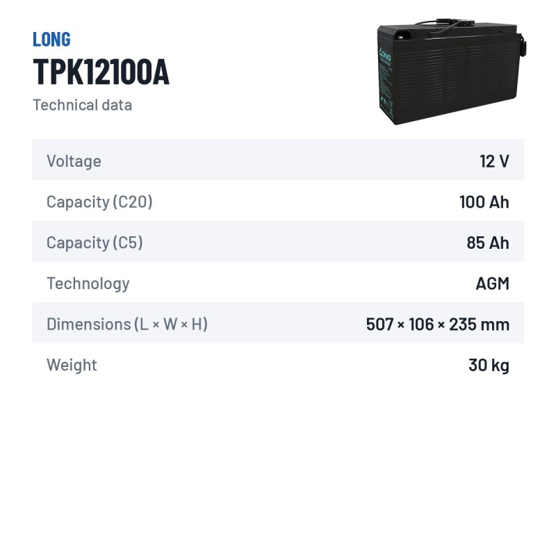 Batteria per telecomunicazioni Long TPK12100A 12V 100Ah AGM