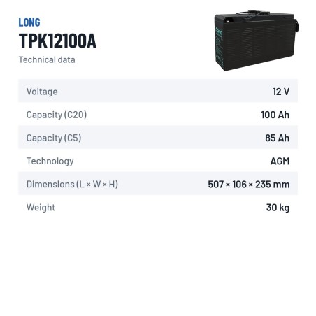 Batteria per telecomunicazioni Long TPK12100A 12V 100Ah AGM