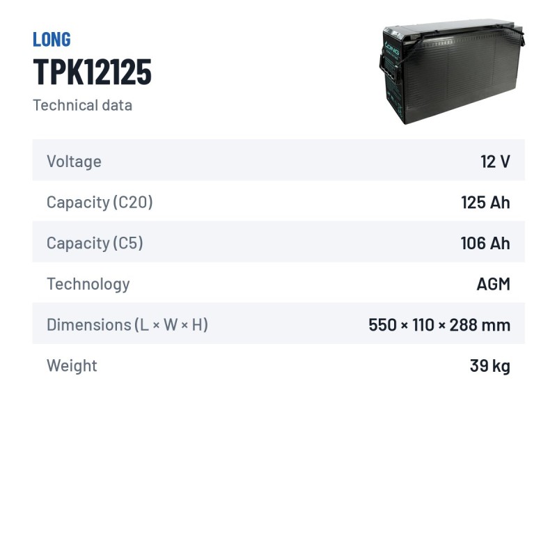 Bateria para telecomunicações Long TPK12125 12V 125Ah AGM – ficha técnica