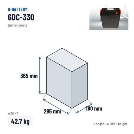 Bateria de tração Q-battery 6DC-330 6V 330Ah – medidas 295 × 180 × 365 mm