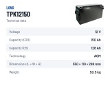 Batería para telecomunicaciones Long TPK12150 12V 150Ah AGM – ficha técnica