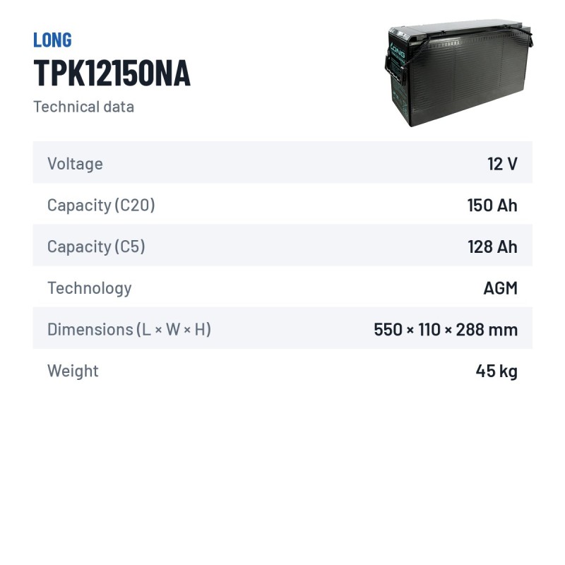 Batterie télécom Long TPK12150NA 12V 150Ah AGM – fiche technique