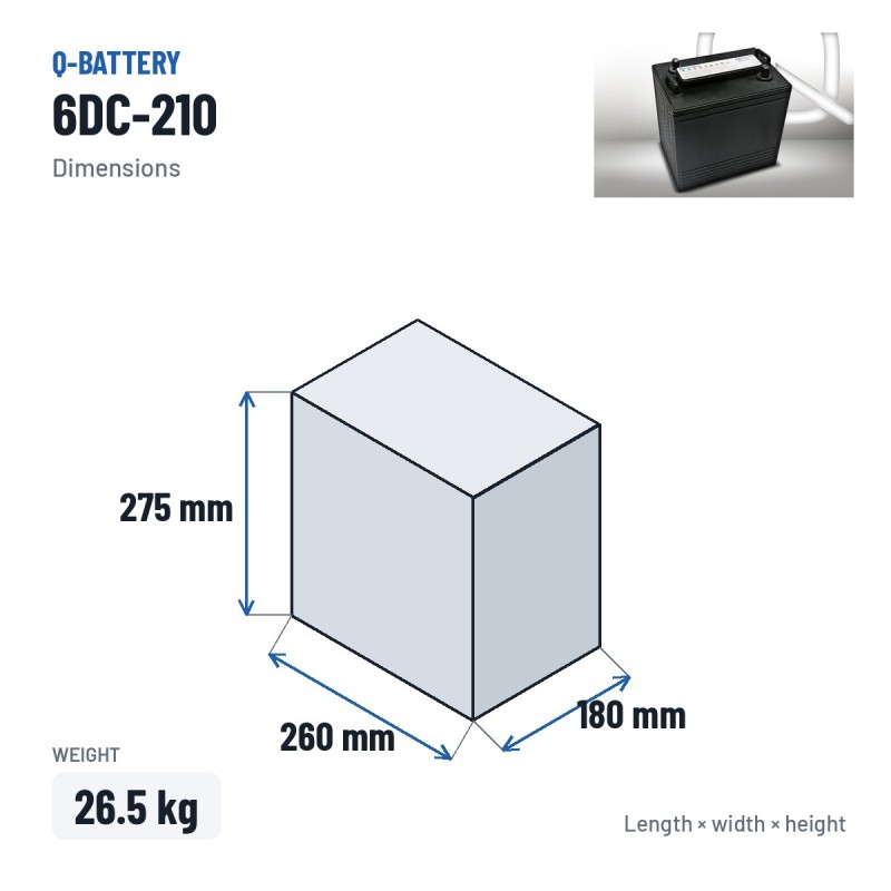 Traction battery Q-battery 6DC-210 6V 210Ah – dimensions 260 × 180 × 275 mm