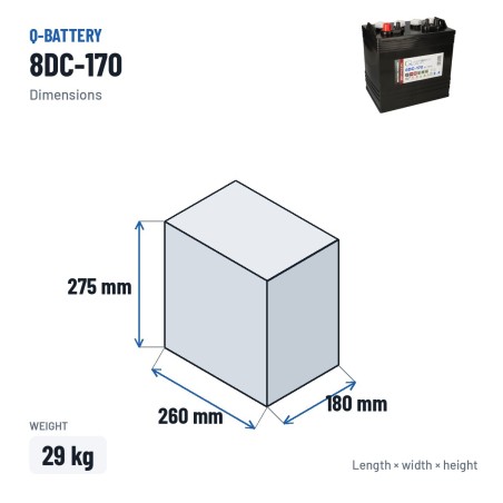Batteria a trazione Q-battery 8DC-170 8V 170Ah – dimensioni 260 × 180 × 275 mm