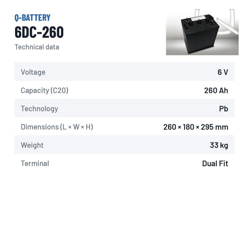 Batterie de traction Q-battery 6DC-260 6V 260Ah – fiche technique