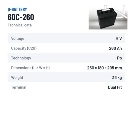 Batteria a trazione Q-battery 6DC-260 6V 260Ah – scheda tecnica