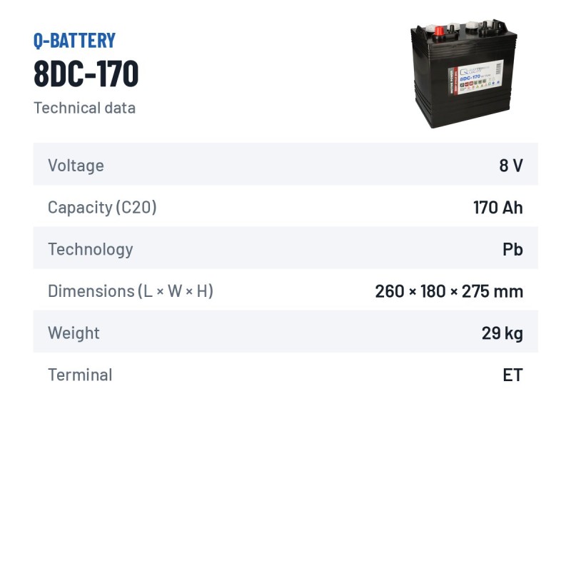Batteria a trazione Q-battery 8DC-170 8V 170Ah – scheda tecnica