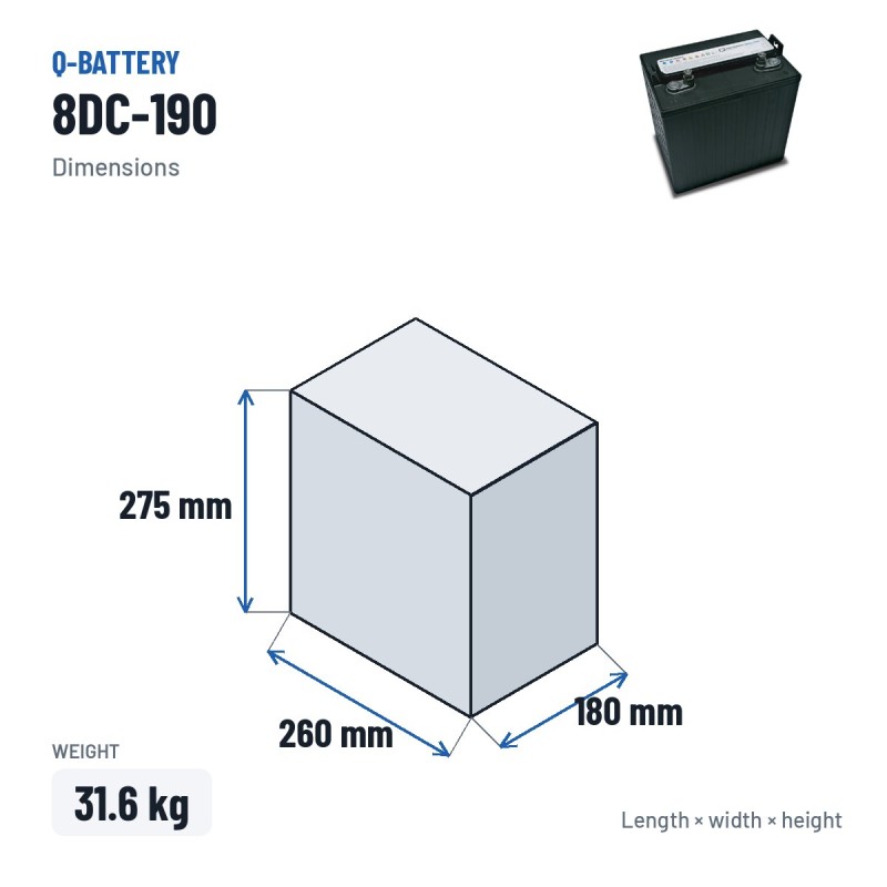 Bateria de tração Q-battery 8DC-190 8V 190Ah – medidas 260 × 180 × 275 mm