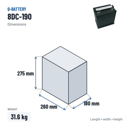 Bateria de tração Q-battery 8DC-190 8V 190Ah – medidas 260 × 180 × 275 mm