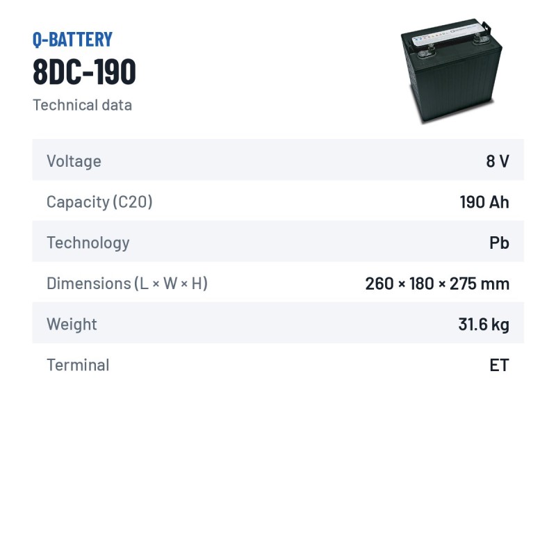 Batteria a trazione Q-battery 8DC-190 8V 190Ah – scheda tecnica