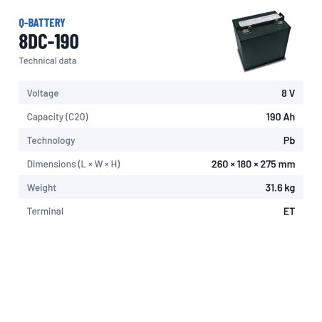 Batteria a trazione Q-battery 8DC-190 8V 190Ah – scheda tecnica