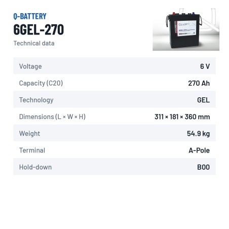 Batteria a trazione Q-battery 6GEL-270 6V 270Ah GEL – scheda tecnica