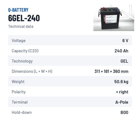 Traction battery Q-battery 6GEL-240 6V 240Ah GEL – technical data