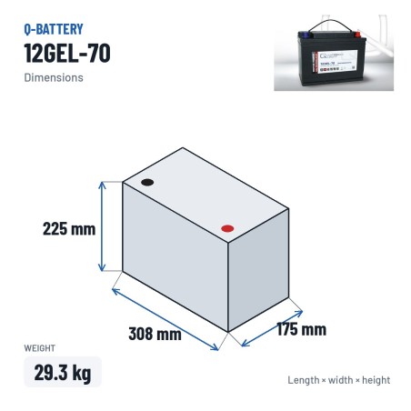 Traction battery Q-battery 12GEL-70 12V 70Ah GEL – dimensions 308 × 175 × 225 mm