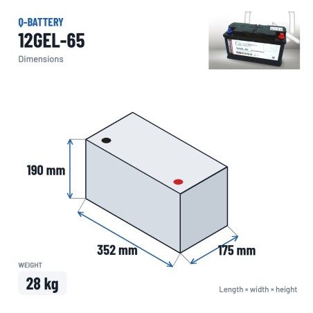 Bateria de tração Q-battery 12GEL-65 12V 65Ah GEL – medidas 352 × 175 × 190 mm