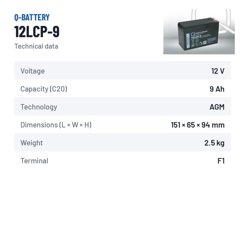 Stationary UPS battery Q-battery 12LCP-9 12V 9Ah AGM – technical data