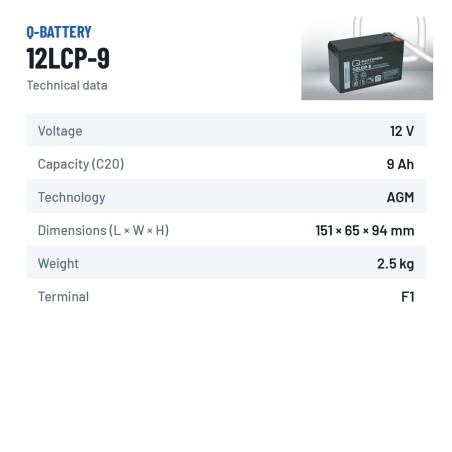 Stationary UPS battery Q-battery 12LCP-9 12V 9Ah AGM – technical data