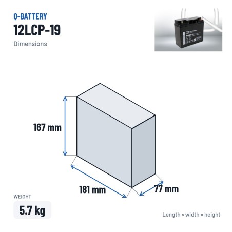 Batterie fauteuil roulant Q-battery 12LCP-19 12V 19Ah AGM – dimensions 181 × 77 × 167 mm