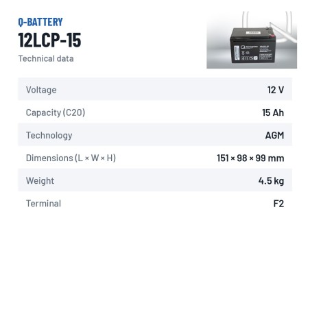 Rollstuhlbatterie Q-battery 12LCP-15 12V 15Ah AGM | baterias.com