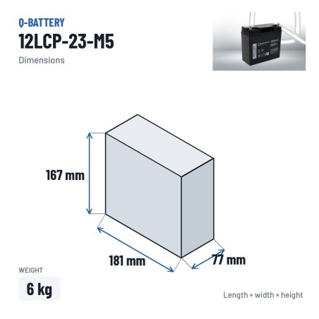 Batería de silla de ruedas Q-battery 12LCP-23-M5 12V 23Ah AGM – medidas 181 × 77 × 167 mm