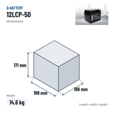 Batteria per carrozzina Q-battery 12LCP-50 12V 50Ah AGM – dimensioni 198 × 166 × 171 mm