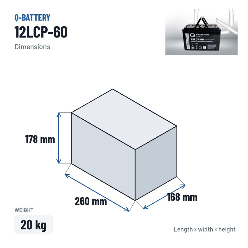Wheelchair battery Q-battery 12LCP-60 12V 63Ah AGM – dimensions 260 × 168 × 178 mm