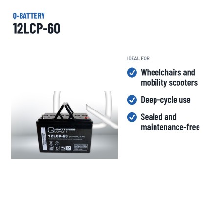 Batterie fauteuil roulant Q-battery 12LCP-60 12V 63Ah AGM – utilisations recommandées