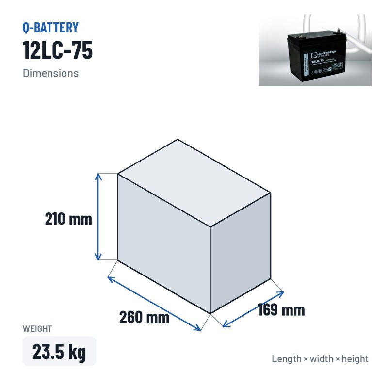 Batería de silla de ruedas Q-battery 12LC-75 12V 77Ah AGM – medidas 260 × 169 × 210 mm