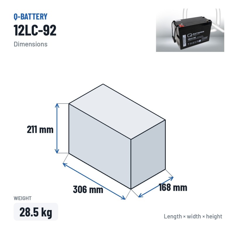 Batteria per carrozzina Q-battery 12LC-92 12V 93Ah AGM – dimensioni 306 × 168 × 211 mm