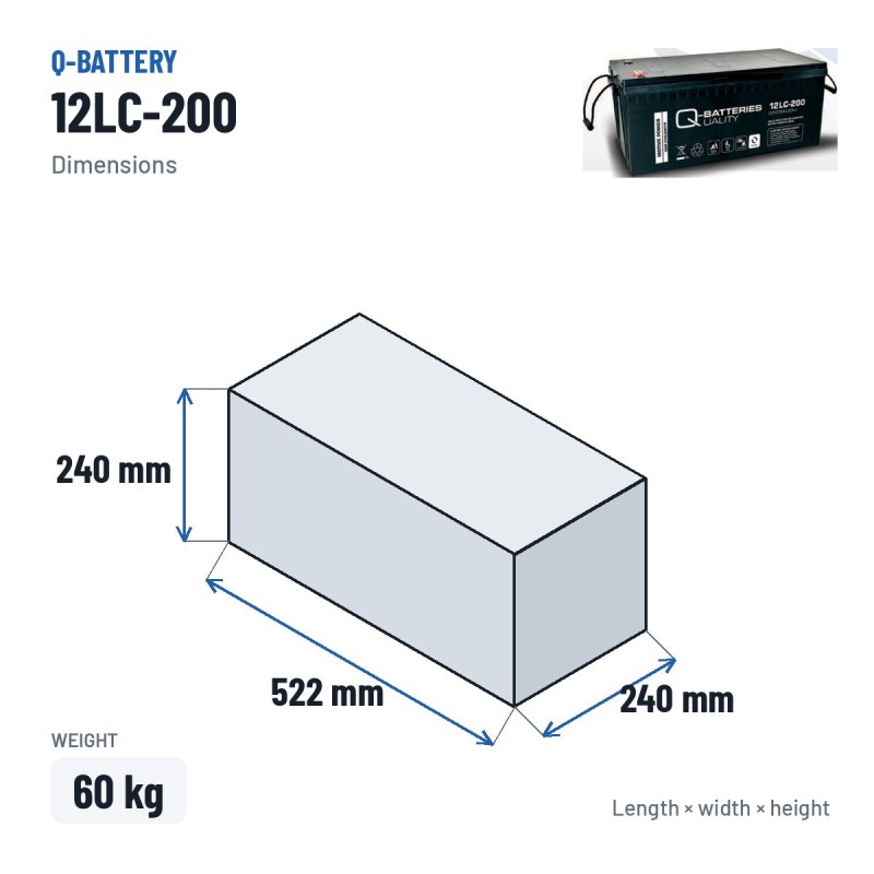 Wheelchair battery Q-battery 12LC-200 12V 214Ah AGM – dimensions 522 × 240 × 240 mm