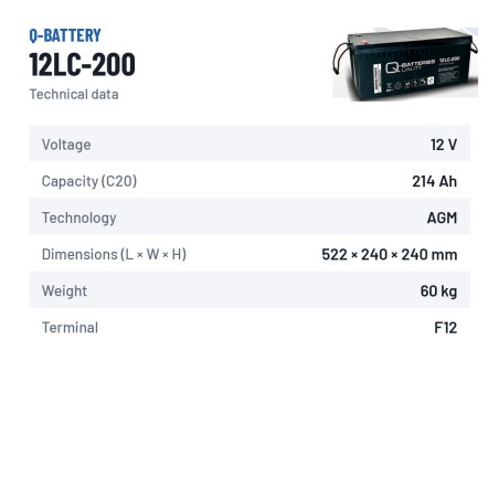 Batterie fauteuil roulant Q-battery 12LC-200 12V 214Ah AGM – fiche technique