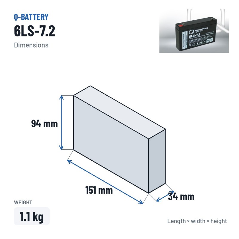 Stationärbatterie USV Q-battery 6LS-7.2 6V 7.2Ah AGM – Abmessungen 151 × 34 × 94 mm