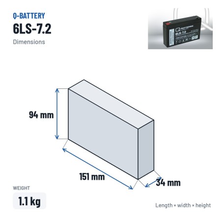 Batteria stazionaria UPS Q-battery 6LS-7.2 6V 7.2Ah AGM – dimensioni 151 × 34 × 94 mm