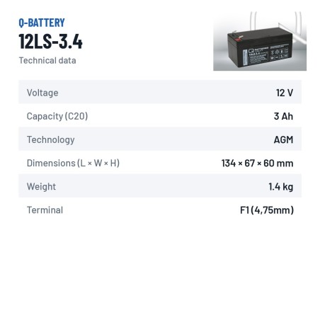 Batterie stationnaire onduleur Q-battery 12LS-3.4 12V 3.4Ah AGM – fiche technique