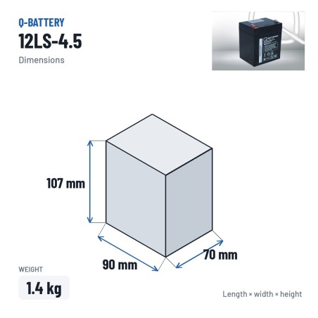 Batterie stationnaire onduleur Q-battery 12LS-4.5 12V 4.5Ah AGM – dimensions 90 × 70 × 107 mm