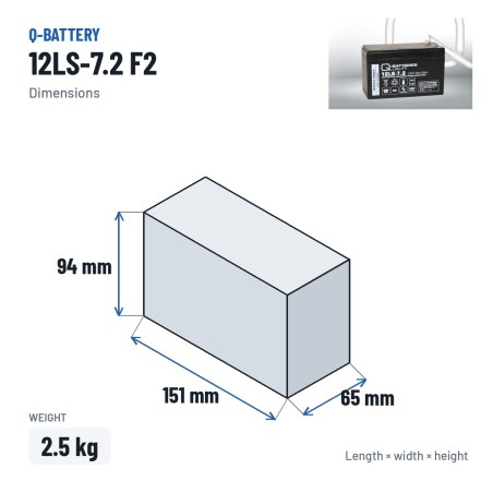 Bateria estacionária UPS Q-battery 12LS-7.2 F2 12V 7.2Ah AGM – medidas 151 × 65 × 94 mm