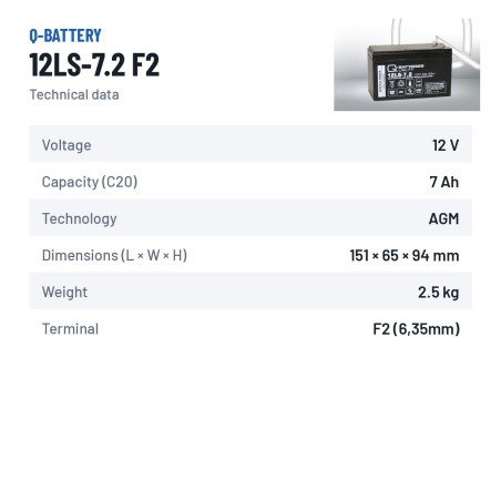 Stationary UPS battery Q-battery 12LS-7.2 F2 12V 7.2Ah AGM – technical data
