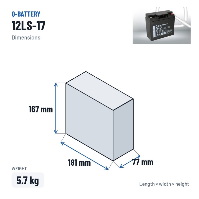 Batterie stationnaire onduleur Q-battery 12LS-17 12V 17Ah AGM – dimensions 181 × 77 × 167 mm