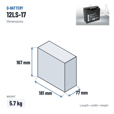 Batterie stationnaire onduleur Q-battery 12LS-17 12V 17Ah AGM – dimensions 181 × 77 × 167 mm