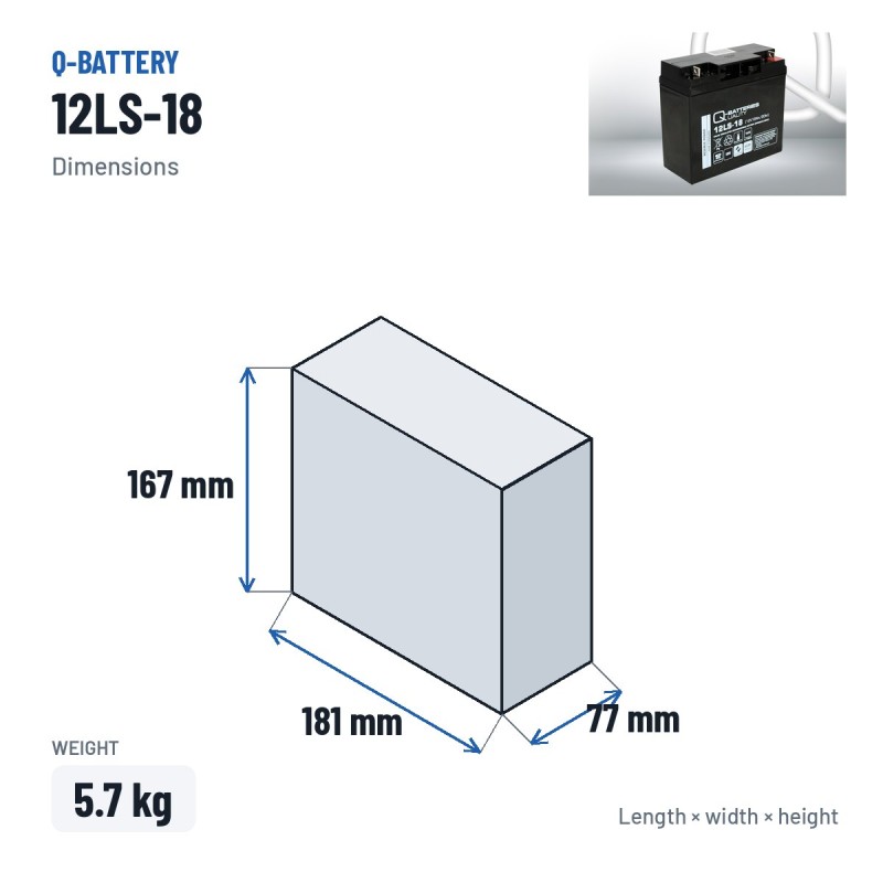 Batterie stationnaire onduleur Q-battery 12LS-18 12V 18Ah AGM – dimensions 181 × 77 × 167 mm