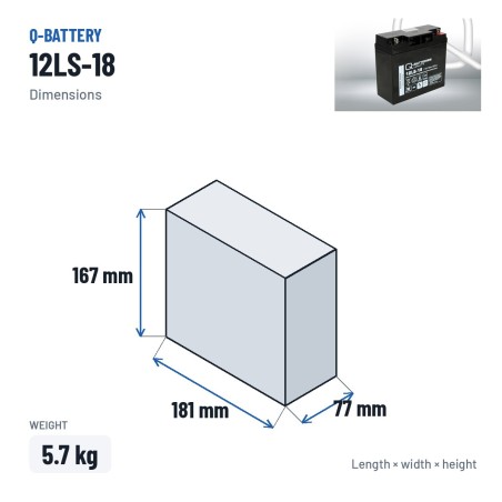 Batterie stationnaire onduleur Q-battery 12LS-18 12V 18Ah AGM – dimensions 181 × 77 × 167 mm