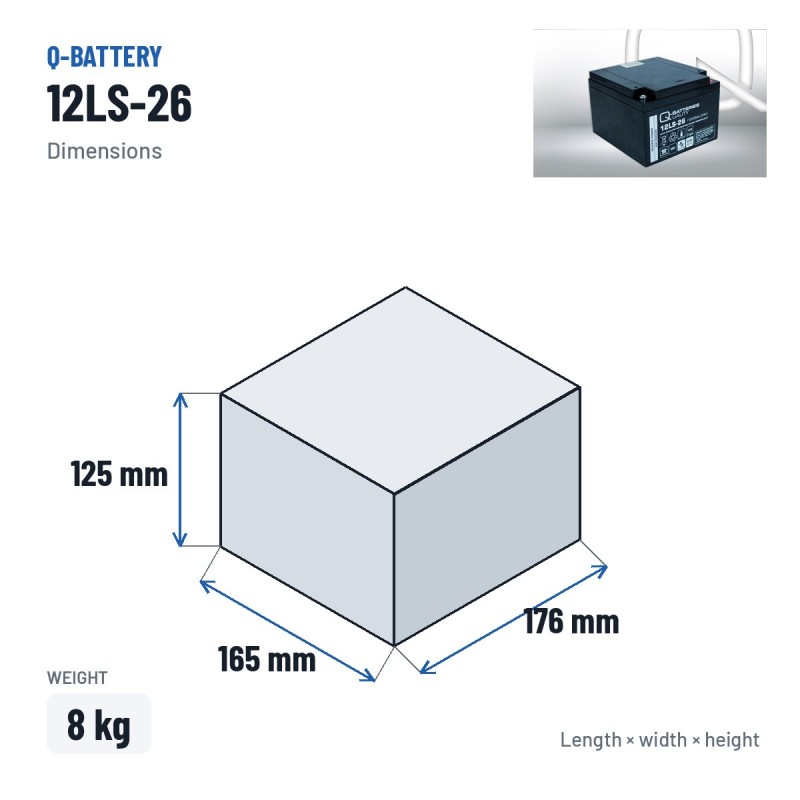 Stationärbatterie USV Q-battery 12LS-26 12V 26Ah AGM – Abmessungen 165 × 176 × 125 mm