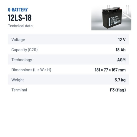Batería estacionaria SAI/UPS Q-battery 12LS-18 12V 18Ah AGM – ficha técnica