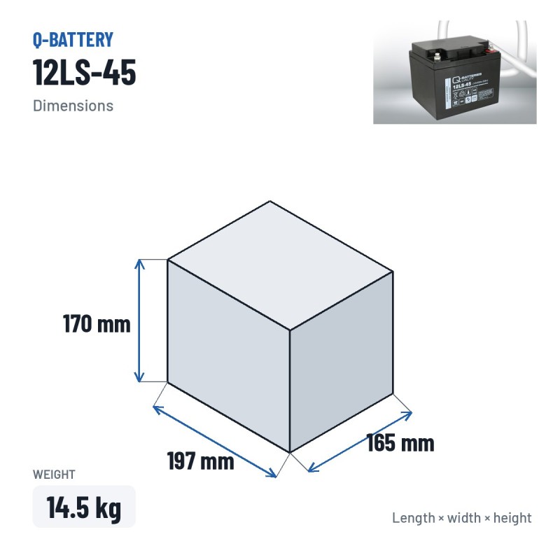 Bateria estacionária UPS Q-battery 12LS-45 12V 45Ah AGM – medidas 197 × 165 × 170 mm