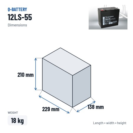 Batteria stazionaria UPS Q-battery 12LS-55 12V 55Ah AGM – dimensioni 229 × 138 × 210 mm