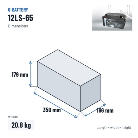 Bateria estacionária UPS Q-battery 12LS-65 12V 65Ah AGM – medidas 350 × 166 × 179 mm