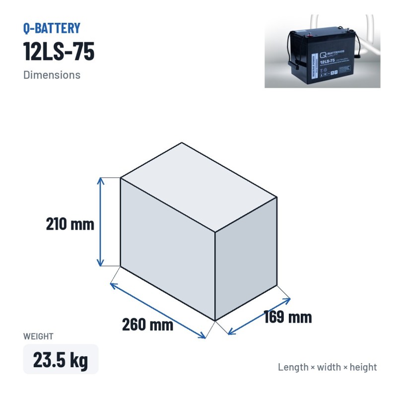 Batería estacionaria SAI/UPS Q-battery 12LS-75 12V 78Ah AGM – medidas 260 × 169 × 210 mm