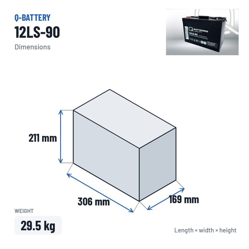 Stationary UPS battery Q-battery 12LS-90 12V 90Ah AGM – dimensions 306 × 169 × 211 mm
